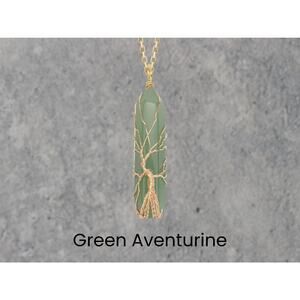 Green Aventurine Gold Tree of Life Crystal Wrapped Necklace Boho Fairycore